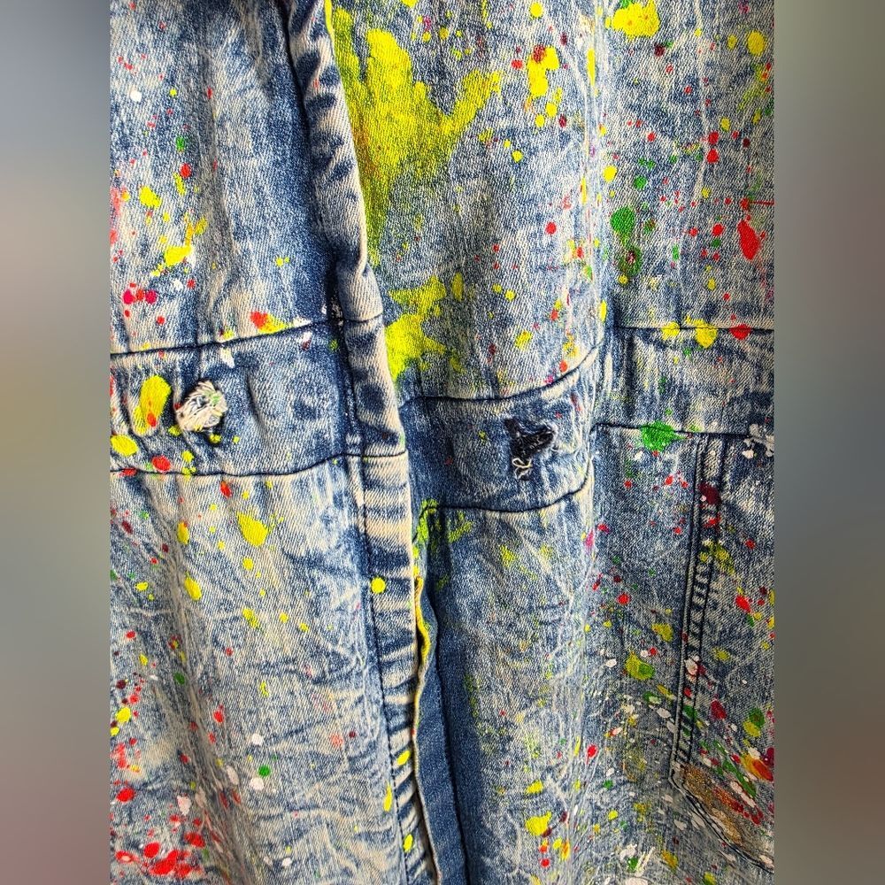 Aphrodite Acid Wash Denim Paint Splatter Open Frnt Long Jacket L Distress Hood - Picture 9 of 14
